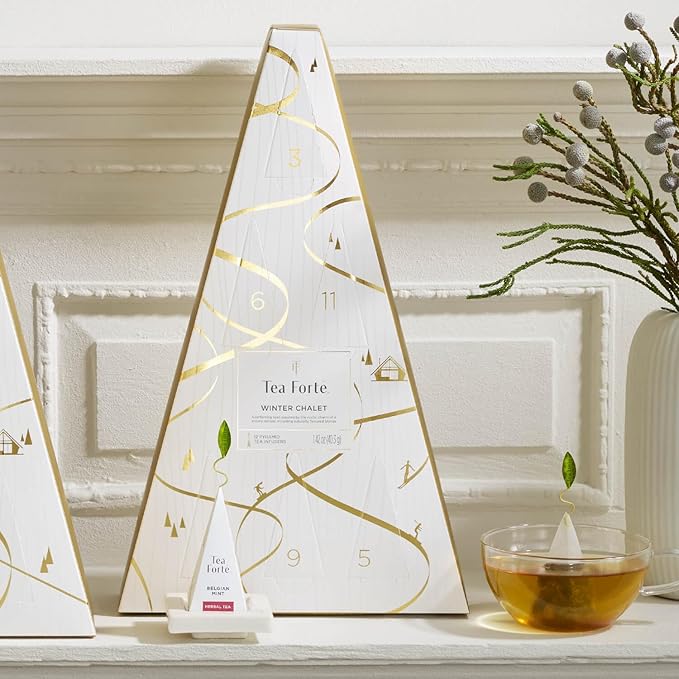 Tea Forte Tea Advent Calendar Gift Set; 12 Individually Wrapped Handcrafted Assorted Pyramid Infuser Tea Bags with Numbered Doors, Winter Chalet
