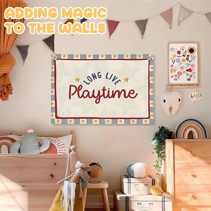 Playroom Decor, Long Live Playtime Linen Canvas Banner,Kids Room Nursery with Star Pattern Wall Hanging Banner Flag Inspirational Decor for Toddler Boys Toy Room Bedroom,30x20 Inch