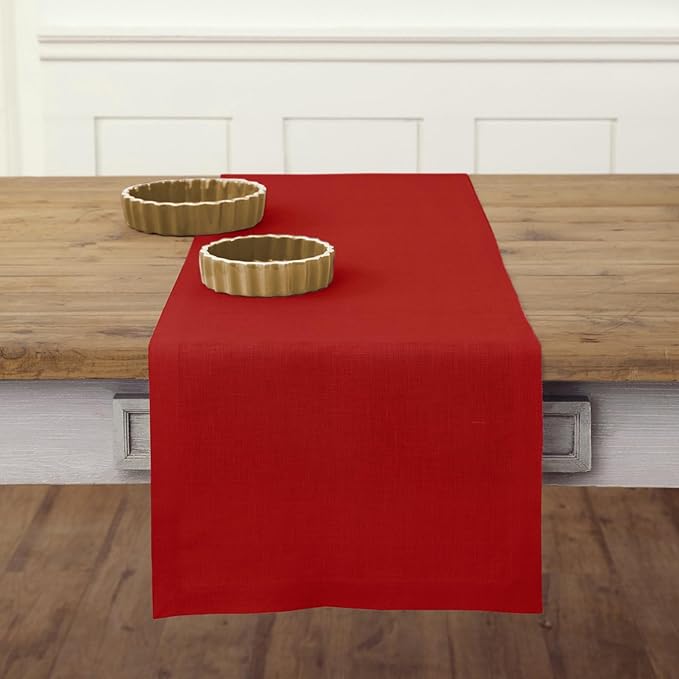 Solino Home Linen Red Table Runner 60 Inches - 100% Pure Linen Small Table Runner 14 x 60 Inch Ideal for Dresser and Coffee Tables - Fete - Valentines, Winter