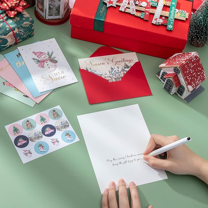 Christmas Cards, 36 Pack Merry Christmas Cards with Envelopes & Stickers, 4x6 Inch Holiday Card, 6 Assorted Designs Greeting Card for Xmas