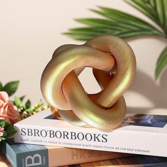 GUDAGUU Wood Knot Decor -Coffee Table Decor Shelf Decor Table Books Hand Carved Home Decoration Boho Country Rustic Modern Shabby Chic Style 3 Link Wooden Knot Chain Link Decor (Gold)