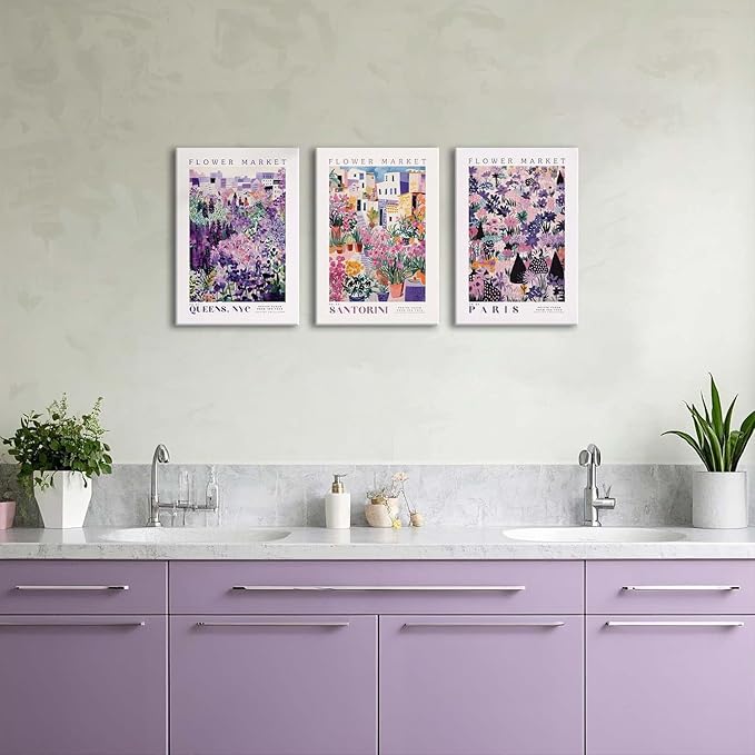 XLARTMY Flower Market Wall Art Prints Canvas Purple and Pink Floral Paintings Colorful Botanical Travel Flower Posters for Home Decor Pictures Set of 3 for Living Room Bedroom 16x24in