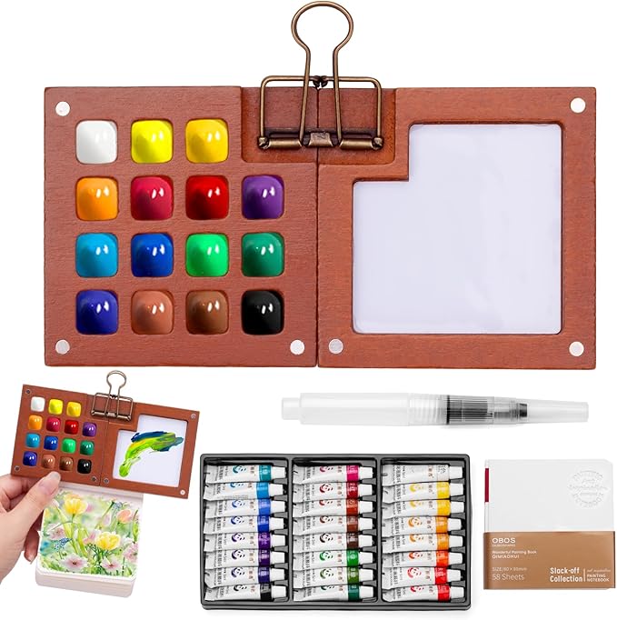 Mini Watercolor Travel Set, Tiny Watercolor Paint Set, Portable Mini Paint Kit with Walnut Wooden Box, SketchBook, Pen, Clip, Pocket Water Color Travel Kit for Painters Artists (24 Color, 15 Grids)