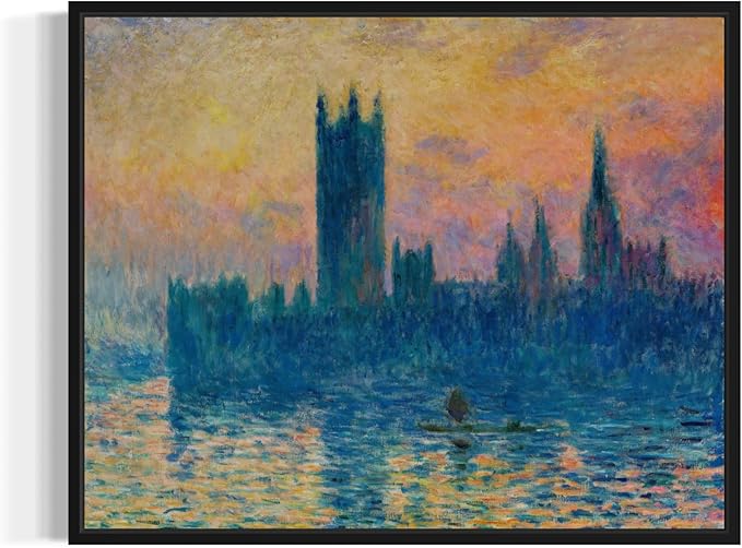 The Houses of Parliament Claude Monet Wall Art Print Poster, Impressionist Painting Wall Art Wall Decor, for Bedroom and Living room Bathroom Decor 115 (The Houses of Parliament, 16 x 20 inches, Black Frame)