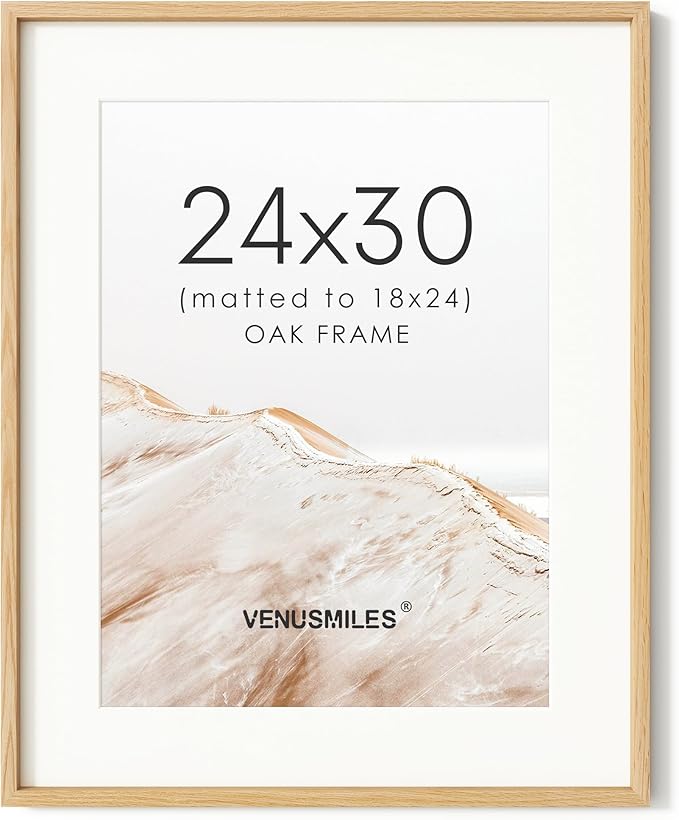 24x30 Poster Frame, USA-Sourced Natural Oak Wood Picture Collage Frame with HD Tempered Glass, Modern Simple 24 x 30 Wooden Photo Frame Matted to 18x24, Vertical & Horizontal Wall Hanging Display