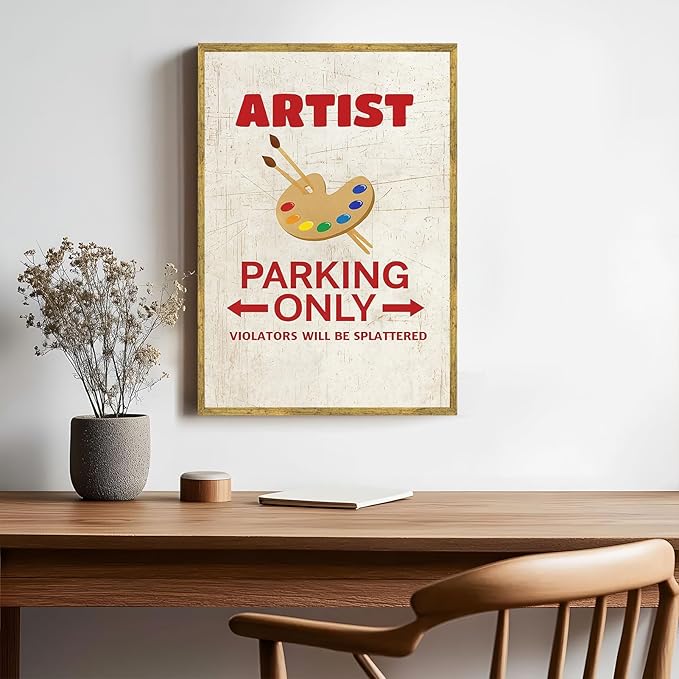 Vintage Framed Artist Parking Only Canvas Print Oil Paintings Reproduction World Classics Retro Poster Painting Pictures Wall Decor Whimsical Home Decor for Office Dorm Room (Wood Framed,12L x 16W)