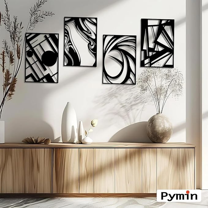 Pymin 4 Pack Modern Metal Abstract Wall Art, Minimalist Matte Black Single Line Art Décor, 3D Sculptures Textured Hanging Wall Home Decor and Shadow Effect Wall Decor for Living Room, 22.5"x15.7"