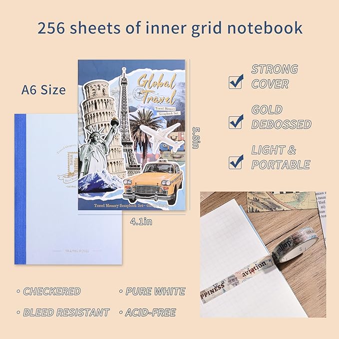 emmoolife Scrapbooking Supplies Kit, Daily Life World Travel Scrapbook Kit for Bullet Junk Journal, Stationery, A6 Grid Notebook, DIY Journaling Supplies, Birthday Craft Gift Teen Girl Kid Women