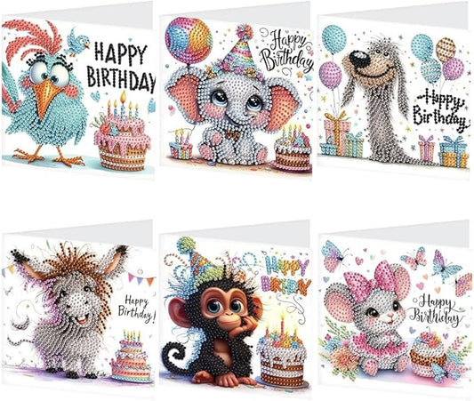 6-Pack Pets Birthday Diamond Painting Greeting Card Kits, Special Shaped Diamonds Painting, DIY Handcraft for Relatives and Friends with Wishes,Unique Design Crafting for Birthday Cards