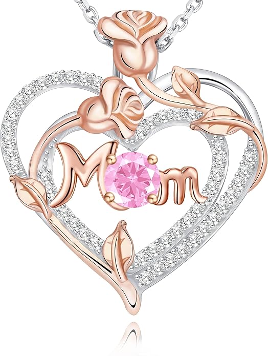 Mothers Day Gifts for Mom - Rose Heart Necklaces for Women, 925 Sterling Silver Birthstone Jewelry to My Wife Necklace, Birthday Gifts for Mother Grandma Girlfriend Her