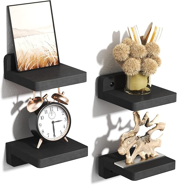 SRIWATANA Small Floating Shelves Wall Mounted, Wood Shelf for Decoration and Storage Set of 4, Mini Display Shelf for Bedroom, Bathroom, Kitchen, Office (Black, 4 inch)