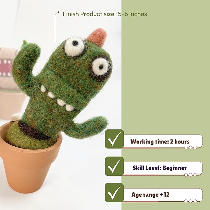 Woolbuddy Needle Felting Kit, Saguaro Monster Felting Kit for Beginner Adults, Felting Supplies and Instructions Included, Unique Design by True Artisan