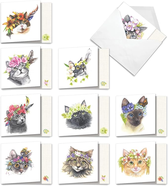 The Best Card Company - 10 All Occasion Blank Cat Cards (4 x 5.12 Inch) - Cute Assorted Bulk Card Set - Fabulous Felines AMQ5649OCB-B1x10