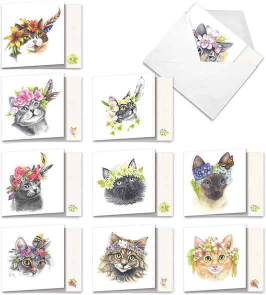 The Best Card Company - 10 All Occasion Blank Cat Cards (4 x 5.12 Inch) - Cute Assorted Bulk Card Set - Fabulous Felines AMQ5649OCB-B1x10