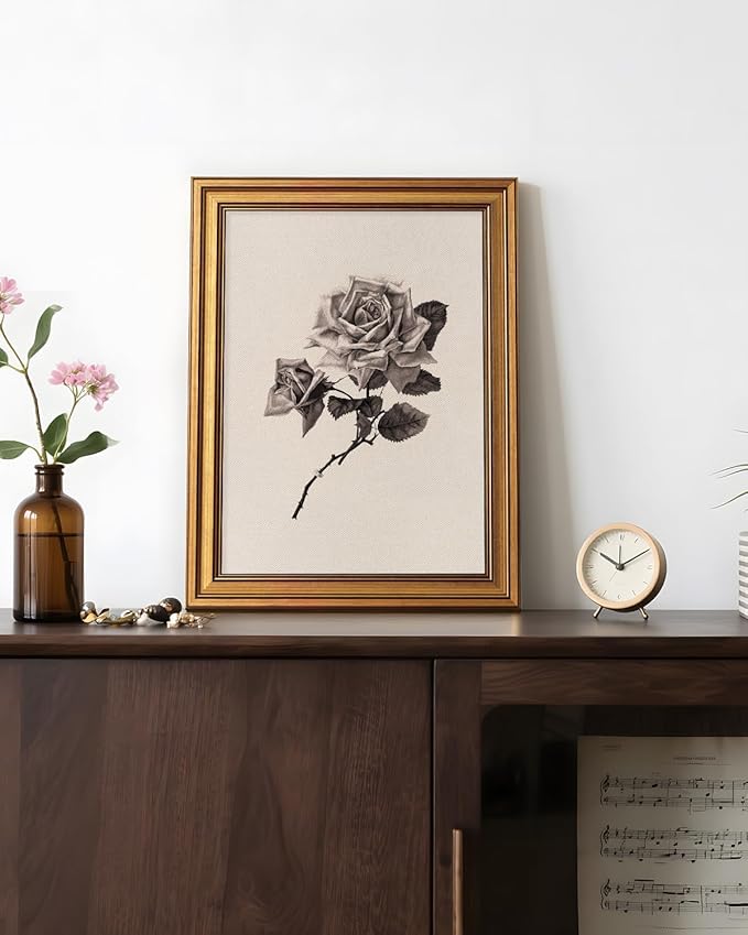 Bzstyleart Vintage Wall Art Decor for Living Room,Rose Flower Canvas Prints,Gold Framed Vintage Wall Decor,Sketch Painting Picture,Home Decor Aesthetic for Shelf Kitchen Bathroom,12L x 16W