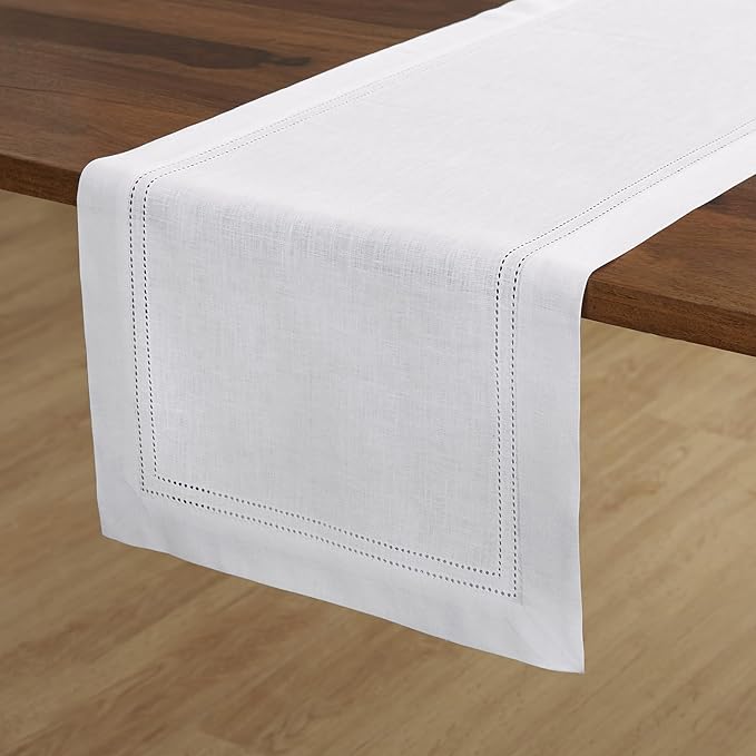 Solino Home Linen White Table Runner 36 Inches - Double Hemstitch, 100% Pure Linen Coffee Table Runner 14 x 36 Inch Ideal for Dresser Tables - Valentines, Spring, Easter