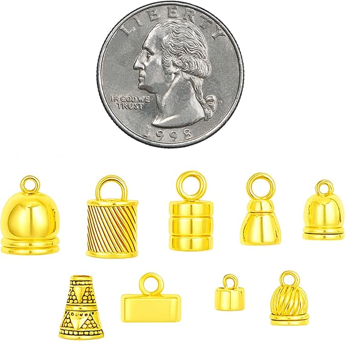 Mandala Crafts Gold Tone Leather Cord End Caps for Jewelry Making, Tassel Caps, 4mm to 9mm 90 PCs Barrel Cord Ends, Kumihimo Supplies and Jewelry Findings