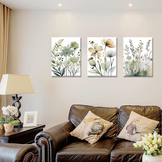 Framed Sage Green Botanical Canvas Wall Art Set of 3 Boho Floral Wall Decor Paintings Minimalist Flower Posters Prints Pictures for Bedroom Bathroom Living Room Home Decor 16x24 Inch