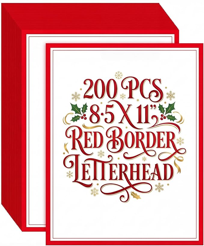 Glenmal 200 Pcs Christmas Stationery Printer Paper 8.5 x 11'' Red Border Letterhead Bulk Letter Size Holiday Writing Paper Letterhead for Xmas New Year Greeting Cards Invitations Business Printing
