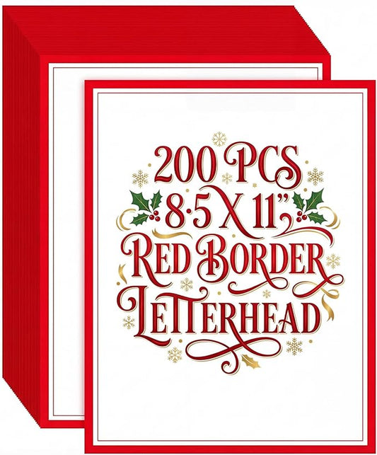 Glenmal 200 Pcs Christmas Stationery Printer Paper 8.5 x 11'' Red Border Letterhead Bulk Letter Size Holiday Writing Paper Letterhead for Xmas New Year Greeting Cards Invitations Business Printing