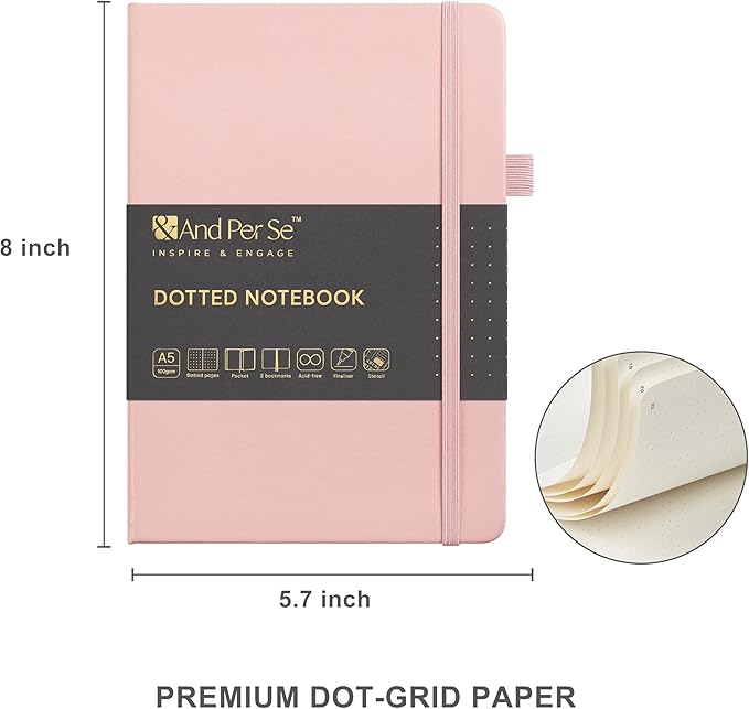 &And Per Se Bullet Dotted Journal Kit, A5 Hardcover Dotted Journaling Set (Pink), 6 Fineliner Pens, 8 Sticker & 5 Stencil Sheets, 6 Washi Tapes with Giftable Box