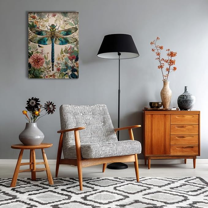 GDSRGXC Vintage Botanical Dragonfly Canvas Wall Art, Turquoise and Gold Insect Print with Floral Background, Nature Home Decor (12''x16'')