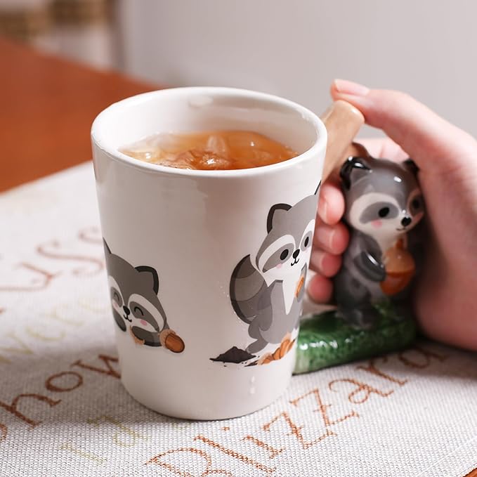 Ceramic Mug for Home & Office, Creative Porcelain 3D Animal Cup with Handle for Coffee, Tea, Juice, Milk & Water, 13.5 oz. Raccoon Mug Gift, 4.3" H