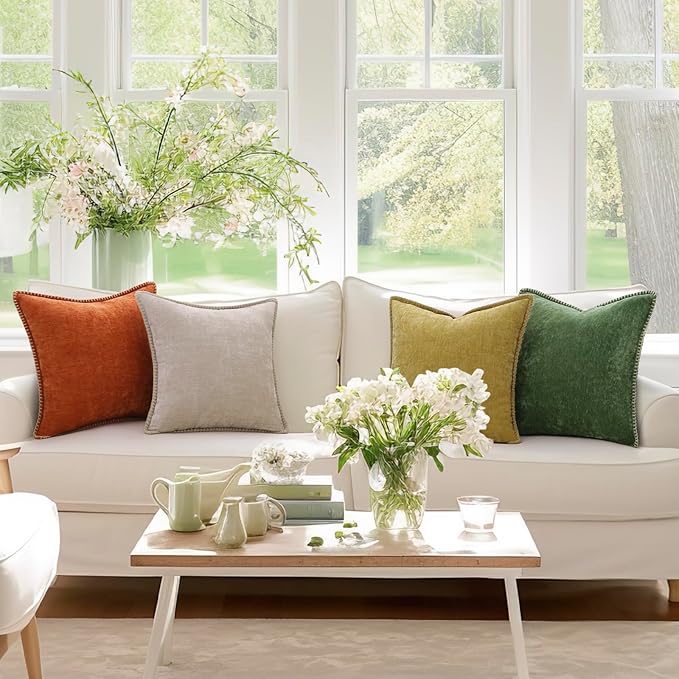 decorUhome Spring Chenille Soft Throw Pillow Covers 26x26 Set of 2, Farmhouse Velvet Neutral Decorative Euro Sham Pillow Covers with Stitched Edge for Couch Sofa Bed Home Decor, Mineral Yellow