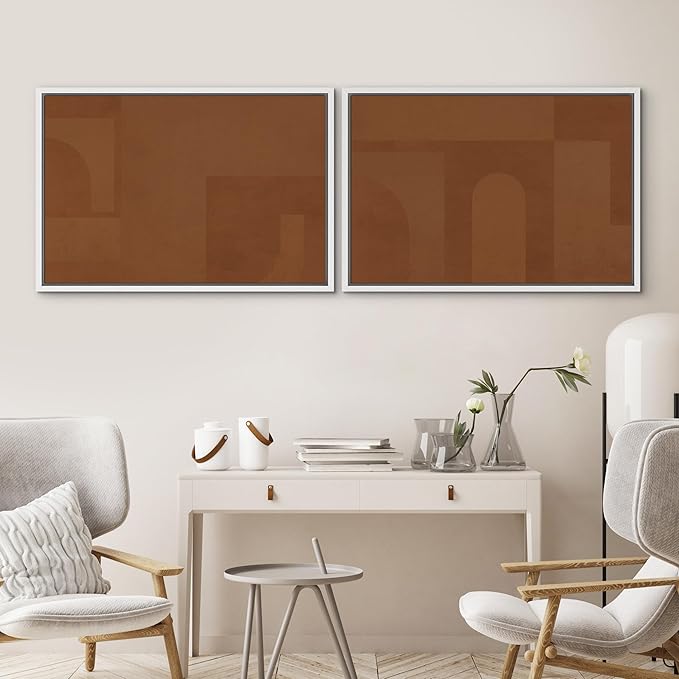 SIGNWIN Framed Canvas Print Wall Art Set Mid-Century Brown Polygon Landscape Abstract Shapes Digital Art Modern Art Decorative Minimalism Vintage for Living Room, Bedroom, Office - 16"x24"x2 White