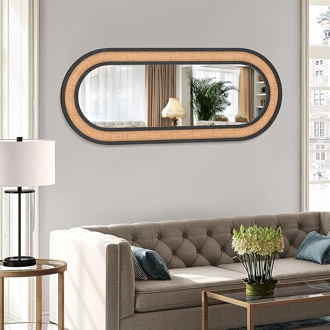 Rattan Wall Mirror with Wooden Framed Black Oval Bathroom Mirror 20 X 48 inch Farmhouse Wood Mirror for Modern Decorative Bathroom, Living Room, Entryway, Bedroom