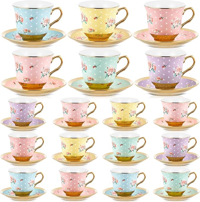 Set of 18 Tea Cups and Saucers Tea Party Decorations Floral Porcelain 5.4 oz British Gift for Women Birthday Party, Church, and Mother's Day (Vintage Style)