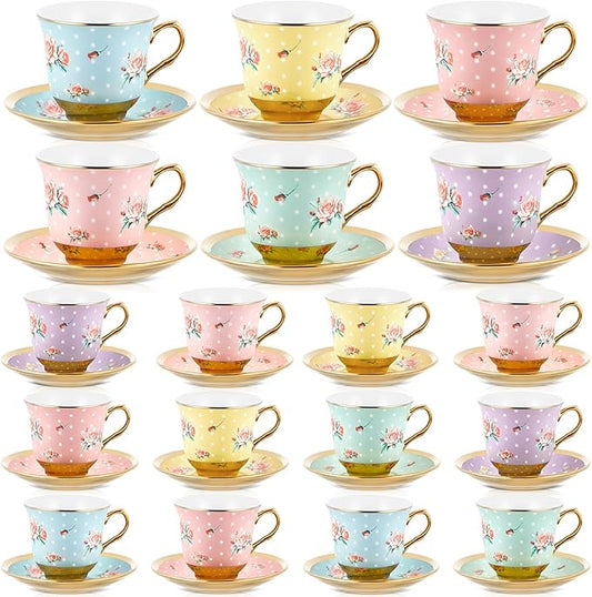 Set of 18 Tea Cups and Saucers Tea Party Decorations Floral Porcelain 5.4 oz British Gift for Women Birthday Party, Church, and Mother's Day (Vintage Style)