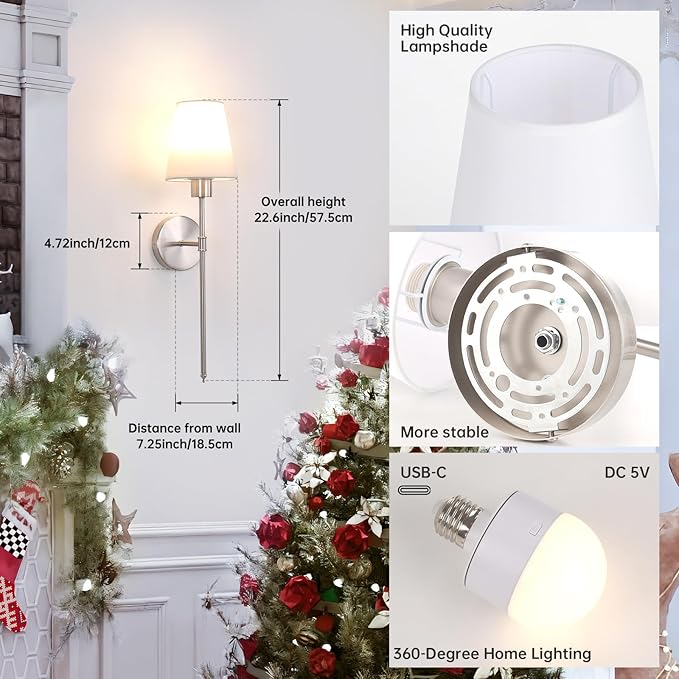 Battery Operated Wall Sconces Set of 2, 120H Usage Time 22.6" Rechargeable Wall Light with Dimmable Bulb, 12 Colors Wall Sconce for Bedroom Living Room, Silver