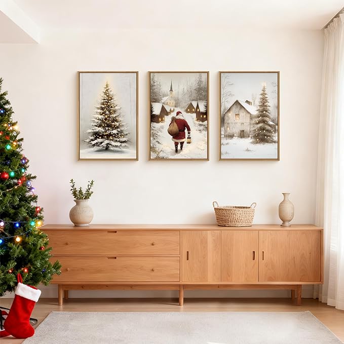 KAIRNE 3 Piece Christmas Wall Art Set, Christmas Pine Trees Landscape Canvas Art Prints, Santa Claus Snowy Village Scenes Artwork, Xmas Eve Decor for Living Room Bedroom Winter Home Decor 16×24 inch