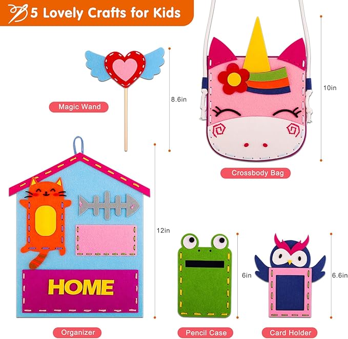 Easy Arts and Crafts for Kids - My First Sewing Kit for Kids Beginner, 5 DIY Projects for Girls Boys Age 4,5,6,7,8 with animal Dolls and Plush Pillow Craft, Learn to Sew, Embroidery, Valentines Gifts