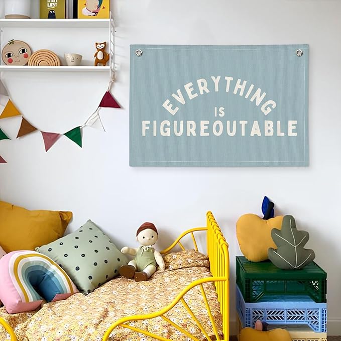 Everything is Figureoutable Inspirational Wall Decor, Motivational Classroom Decor, Classroom Wall Linen Canvas Banner Hanging Flag, 20x30 Inch - Blue