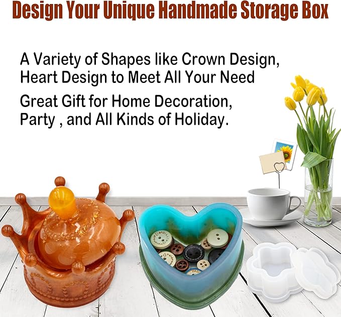 EuTengHao Resin Molds 43Pcs Silicone Molds for Resin, Epoxy Crown Shape Mold Heart Shape Mold with Mica Powder for Storage Box Jewelry Trinket Container DIY Resin Casting Crafts