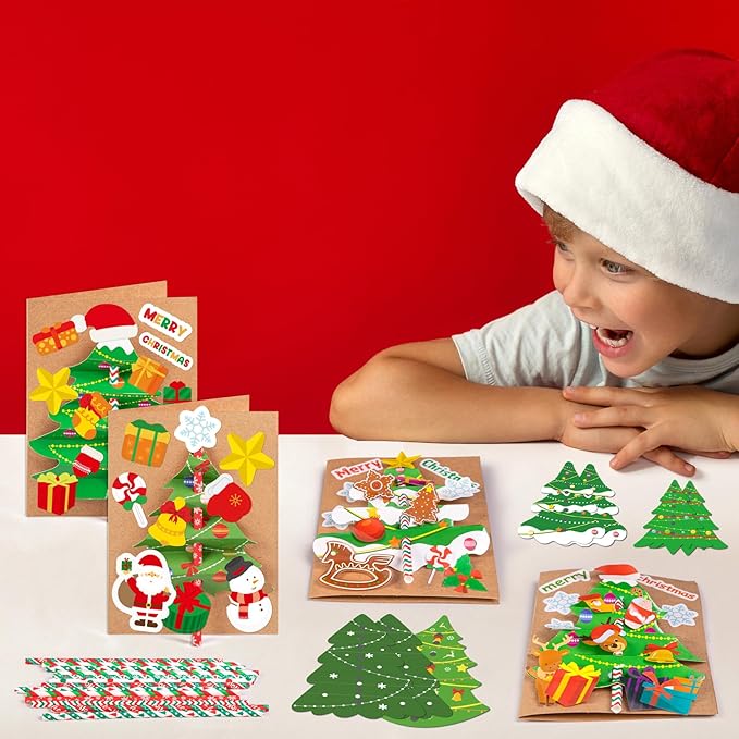 Seagoodbye 28Sets Christmas Crafts Card Making Kit DIY 3D Xmas Trees Greeting Cards Arts and Craft Holiday Party Favors Classroom Activities Supplies