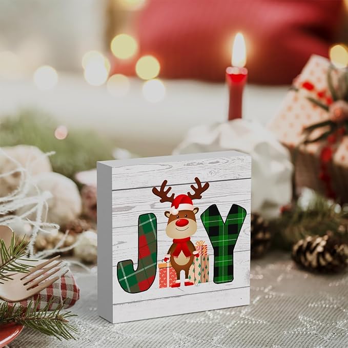 Rustic Winter Merry Christmas Joy Deer Wood Box Sign, Farmhouse Christmas Santa Artwork Decor, Wood Square Sign Desk Block Signs Home Shelf Office Decoration 5 x 5 Inches