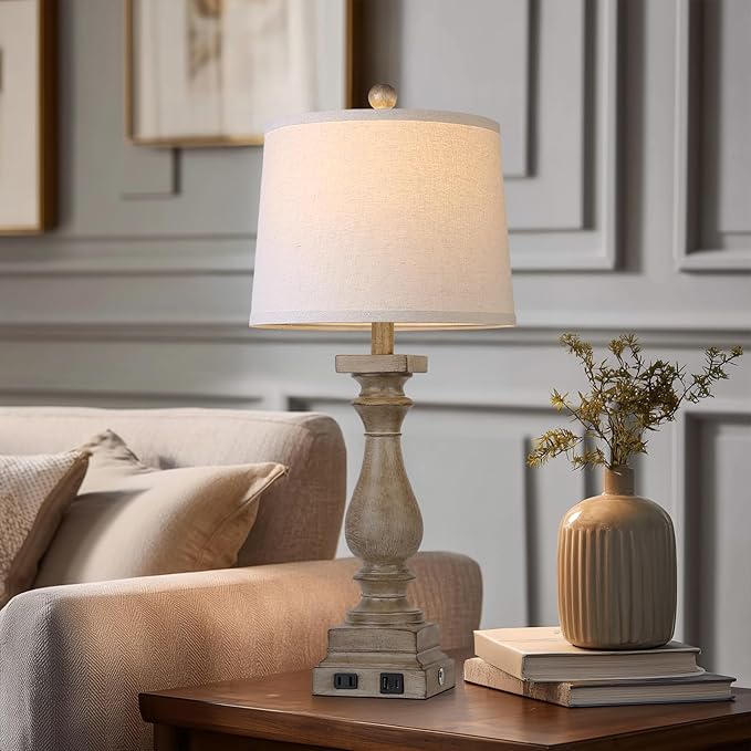 28" Tall Farmhouse Table Lamps Set of 2 with USB C+A Ports and AC Outlet, 3 Way Touch Control Rustic Bedside Lamp for Bedroom, Brown Vintage Nightstand Lamp for Living Room Office