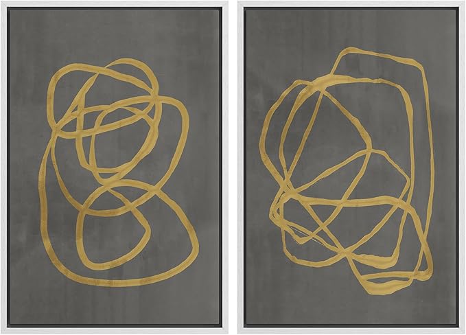 SIGNWIN Framed Canvas Print Wall Art Set Mid-Century Yellow Gray Polygon Collage Abstract Shapes Cozy Neutral Modern Minimalism Decorative Nordic for Living Room, Bedroom, Office - 24"x36"x2 White