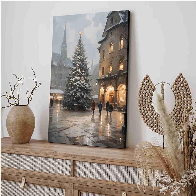 Framed Canvas Wall Art Vintage Christmas Tree Print Moody Winter Wall Art Farmhouse Christmas Decor 24x36in Wood Framed