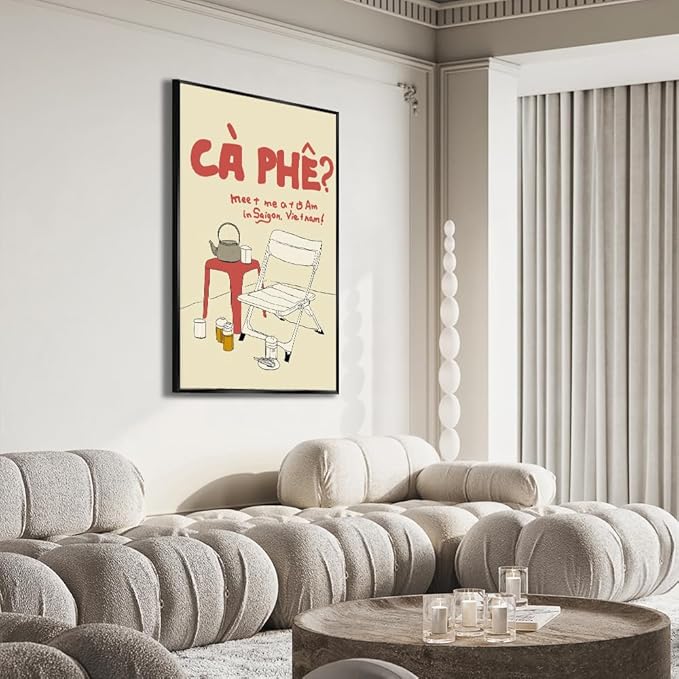 Metal Black Frame Vintage Vietnamese Coffee Culture Wall Art Outdoor Folding Chair Tea Set Canvas Poster Meet Me At 5 Am In Saigon Vietnam Print Minimalist Decor for Living Room Decoration 20x30inch