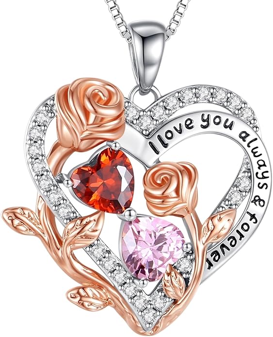 I Love You Birthstone Necklace, 925 Sterling Silver Heart Pendant with CZ Diamond Stones, Birthday Gifts for Women, Romantic Gift for Wife, Girlfriend, Her, Anniversary, Valentine's Day, Christmas