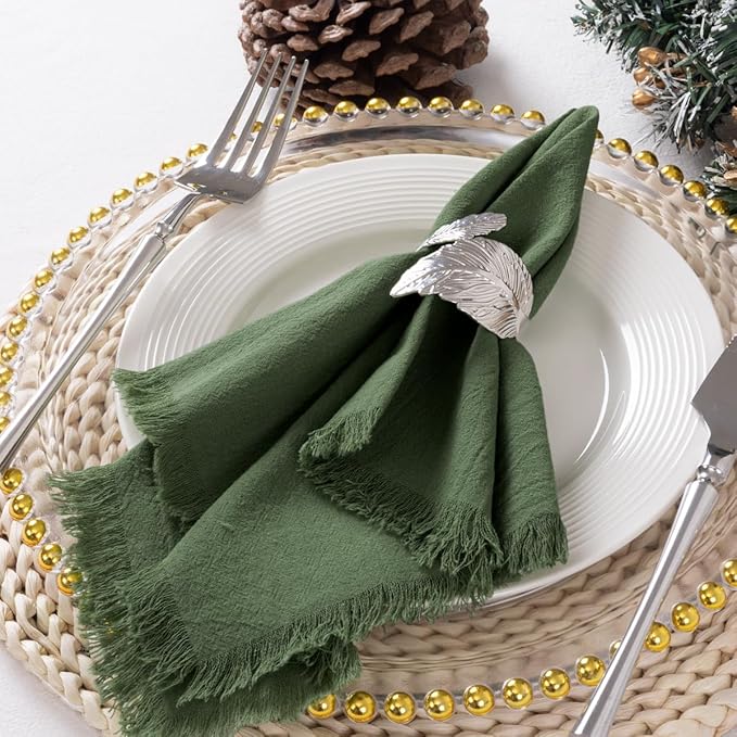 6 Pack Olive Green Cotton Linen Napkins with Fringe Green Cloth Napkins Set of 6 Boho Handmade Dinner Table Napkins for Wedding Bridal Baby Shower Tea Party, 17 x 17 Inches