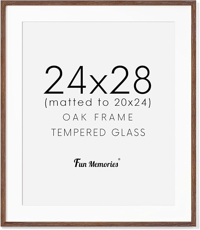 24x28 Picture Frame, Solid Oak Wood Frames 24 by 28, Rustic Wood Poster Frame 24"x28", 24x28 Frame with Mat for 20x24, 24 x 28 Frame with Tempered Real Glass (Walnut Color, 1 Pack)