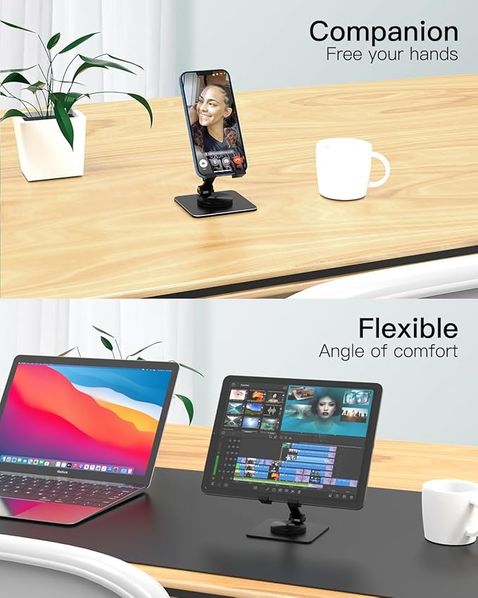 Cell Phone & Tablet Stand for Desk, Aluminum Adjustable Holder for iPhone, iPad & Smartphones || Foldable Mount with 360° Swivel, Stable Base & Portable Design for 4–9.7in Devices, Black