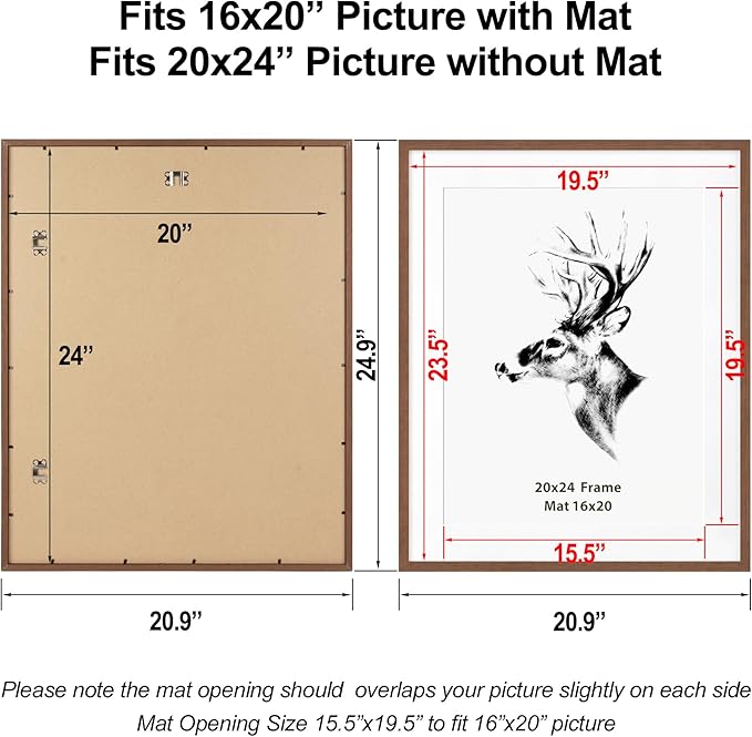 Yaetm 20x24 Picture Frame Matted to 16x20, Walnut Brown, Solid Wood 20x24 Frame for Gallery Wall, Photos, Posters & Art Prints, Horizontal and Vertical Wall Mount (4 pack, Walnut)