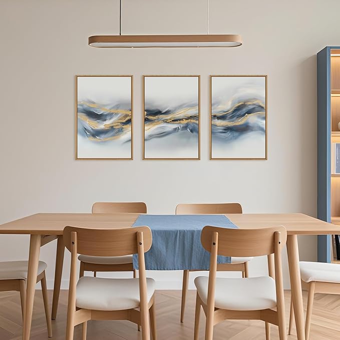 Large Abstract Navy Blue Gold Framed Canvas Wall Art,Watercolor Brush Stroke Wall Decor,Neutral Geometric Wave Artwork,Modern Minimalist Shape Art Print for Living Room,Bedroom,Office-16"x24"x3