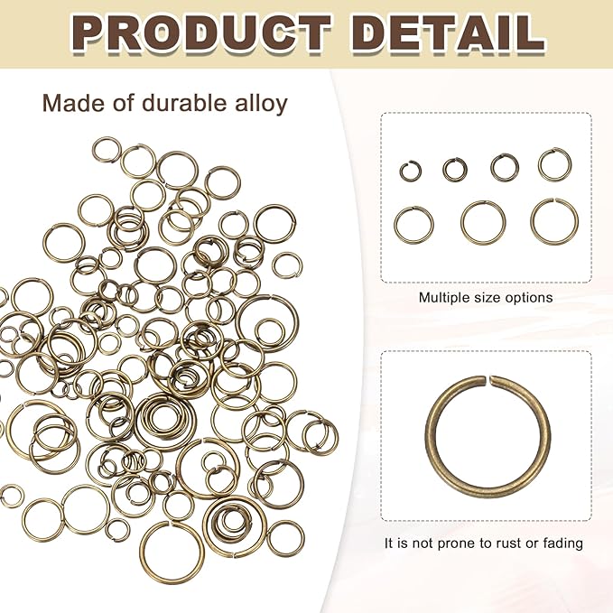MECCANIXITY Jump Rings for Jewelry Making, 6 Sizes Alloy Open Jump Rings for Keychains Earings DIY Craft(Bronze, 880Pcs)